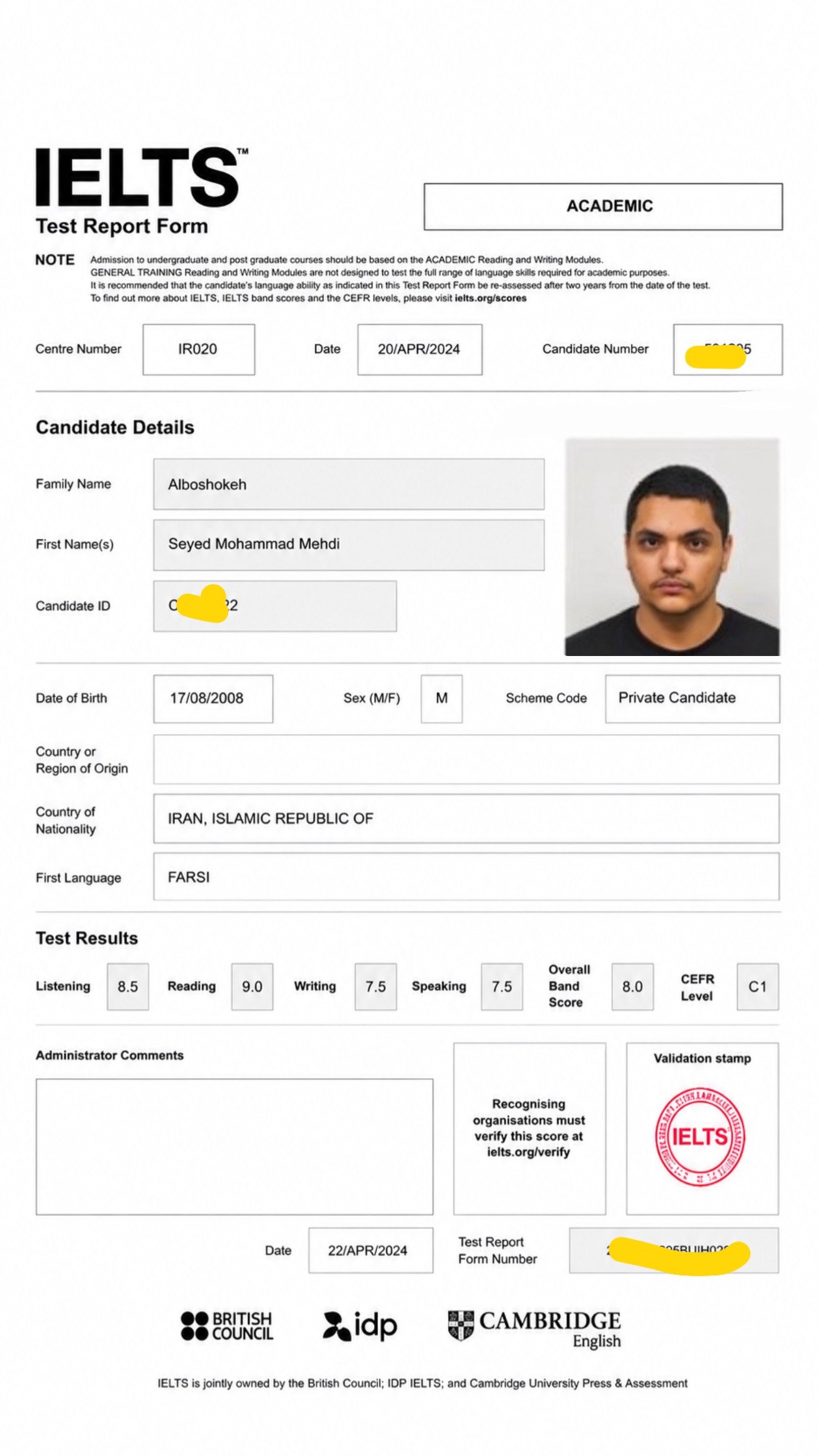 مدرک IELTS Academic مهدی آلبوشوکه با نمره 8.0